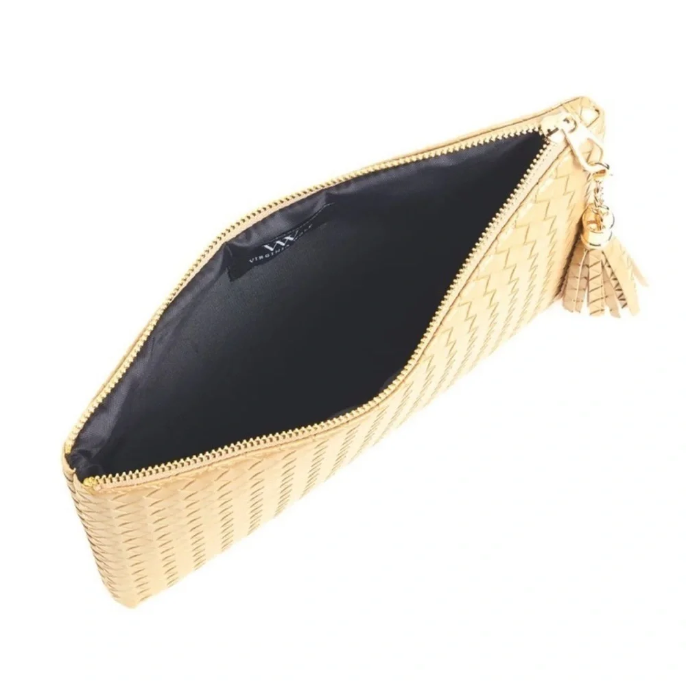 Virginia Wolf Mimi Vegan Leather Woven Metallic Pouch with Tassel in Gold